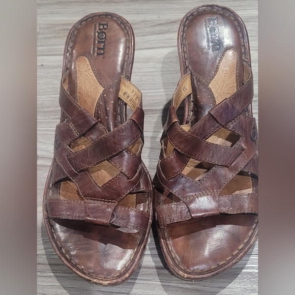 BORN Sandals Platform Wedge Heels Marble Leather Strappy Open Toe size 7  - Picture 2 of 6